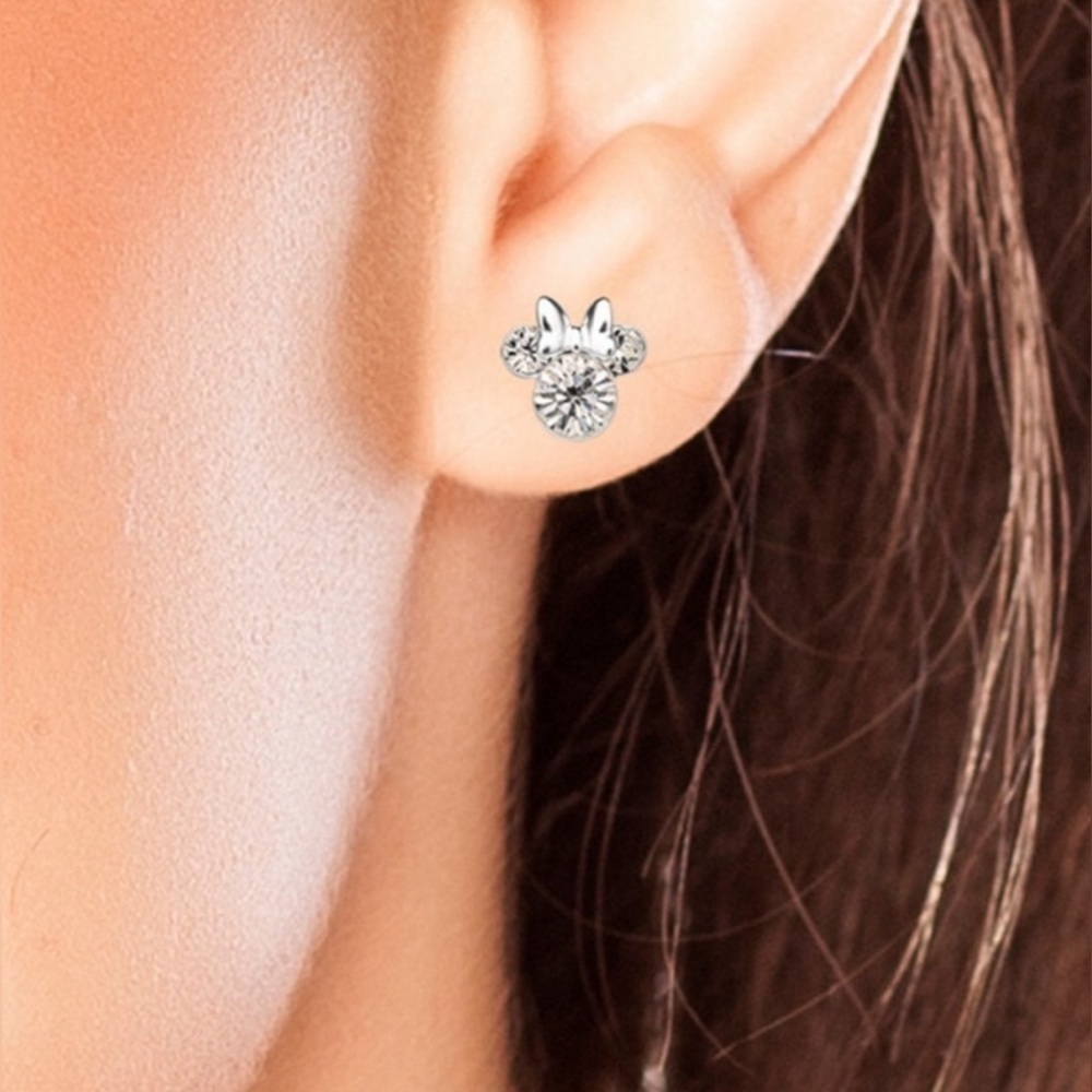 Disney MINNIE MOUSE Sterling Silver Clear Crystal Stud Earrings & Trinket Dish - Picture 4 of 9